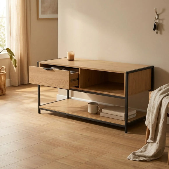 CARLA HOME Coffee Table with Drawer - Wood and Metal Frame - Brown - Rustic - Steel