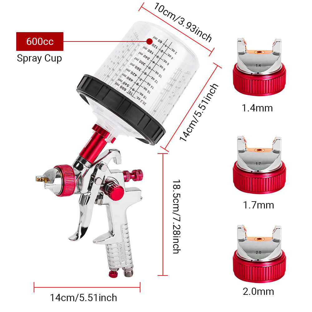 Air HVLP Spray Gun Paint Gun 600CC Gravity Feed Cup 1.4mm 1.7mm 2mm Tip AU Stock - 0