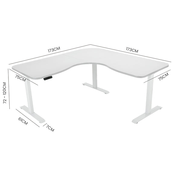 FORTIA 173W x 173W x 75D 3-Motor 120kg Load Adjustable Electric Sit to Stand Up Corner Desk - White/White Frame