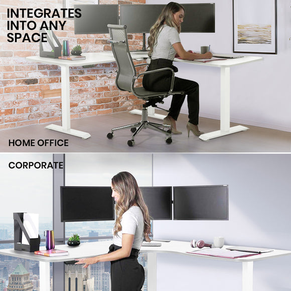 FORTIA 173W x 173W x 75D 3-Motor 120kg Load Adjustable Electric Sit to Stand Up Corner Desk - White/White Frame