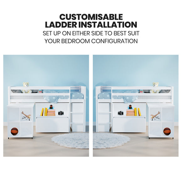 KINGSTON SLUMBER Wooden Kids Single Loft Bed Frame with Pull Out Desk, Storage Drawers - White