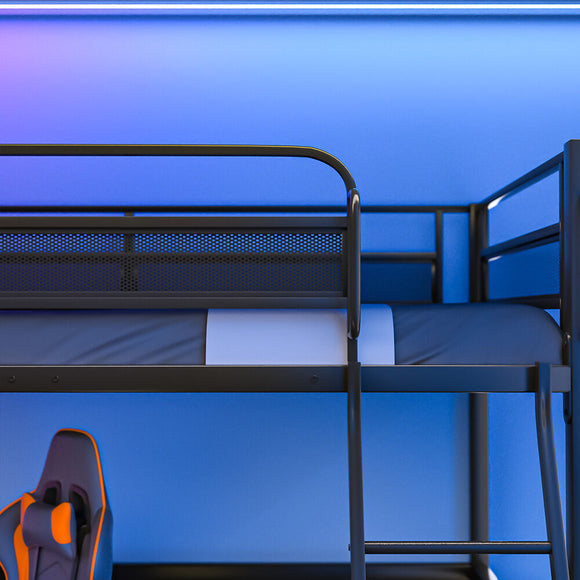 Gaming Loft Bed with Desk, Gridwall, Steel Metal Frame, Space Saving Design, for Single Mattress, Matte Dark Grey