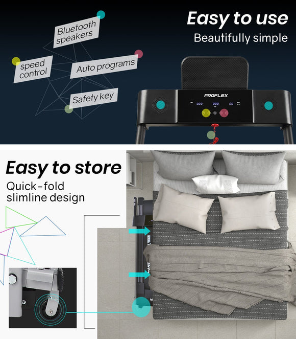 PROFLEX Treadmill Bluetooth Running Machine Foldable Compact Small Home Electric