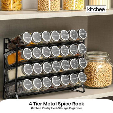 4 Tier Metal Spice Rack + 28 Glass Jars - Kitchen Pantry Herb Storage Organiser - 0