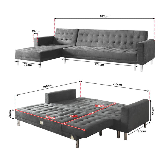 Sarantino Faux Velvet Corner Wooden Sofa Bed Couch with Chaise - Grey