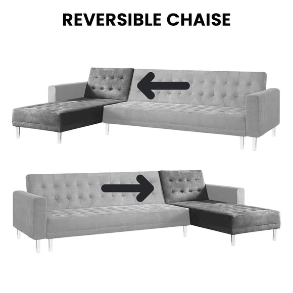 Sarantino Faux Velvet Corner Wooden Sofa Bed Couch with Chaise - Grey