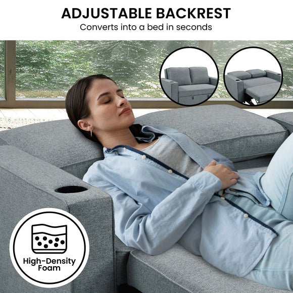 Sarantino Hoffman Linen Sofa Bed with Cushions & Cup Holders Airforce Blue