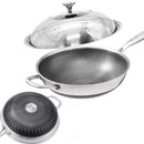304 Stainless Steel 32cm Non-Stick Stir Fry Cooking Kitchen Wok Pan with Lid Honeycomb Double Sided-1
