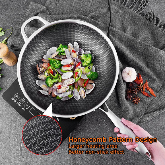 316 Stainless Steel 34cm Non-Stick Stir Fry Cooking Kitchen Wok Pan without Lid Honeycomb Double Sided