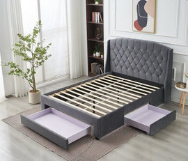 Paris Tall Tufted Velvet Dark Grey Bed with Storage Drawer - King - 0
