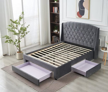 Paris Tall Tufted Velvet Dark Grey Bed with Storage Drawer - King - 0