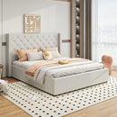 Veronica Bed Frame Double Size Winged Grey Linen Fabric Seam Grid Pattern with gas lift plywood metal structure-1