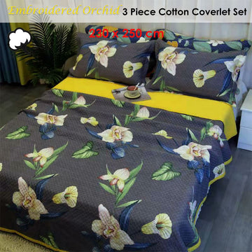 100% Cotton Coverlet Set Embroidered Orchid Queen - 0