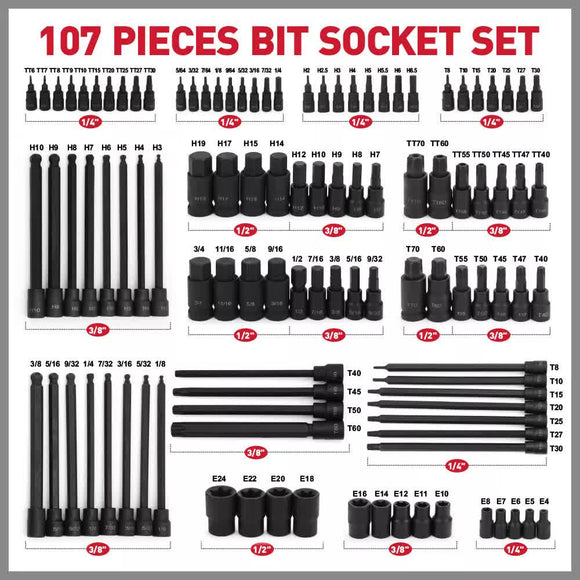 107Pc Hex & Torx Bit Socket Set E-Torx Extra Long Allen Key Sockets Metric & SAE