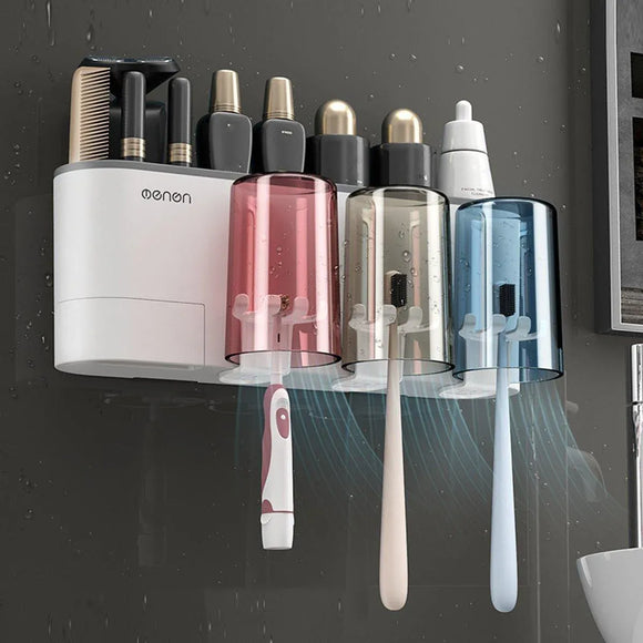 Bathroom Wall Mounted Toothbrush Holder Toothpaste Stand Storage Rack With Cup - Two Cups Set