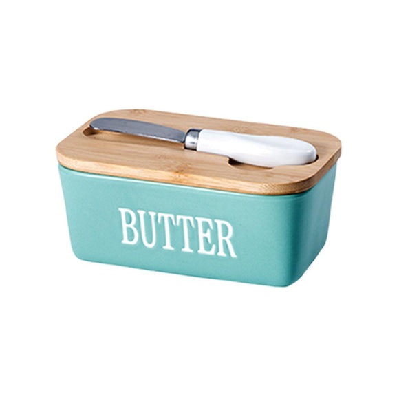 Butter Box with Knife Rectangular Cheese Container with Wooden Lid for Kitchen - Green