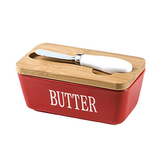 Butter Box with Knife Rectangular Cheese Container with Wooden Lid for Kitchen - Red