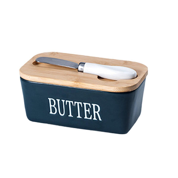 Butter Box with Knife Rectangular Cheese Container with Wooden Lid for Kitchen - Red