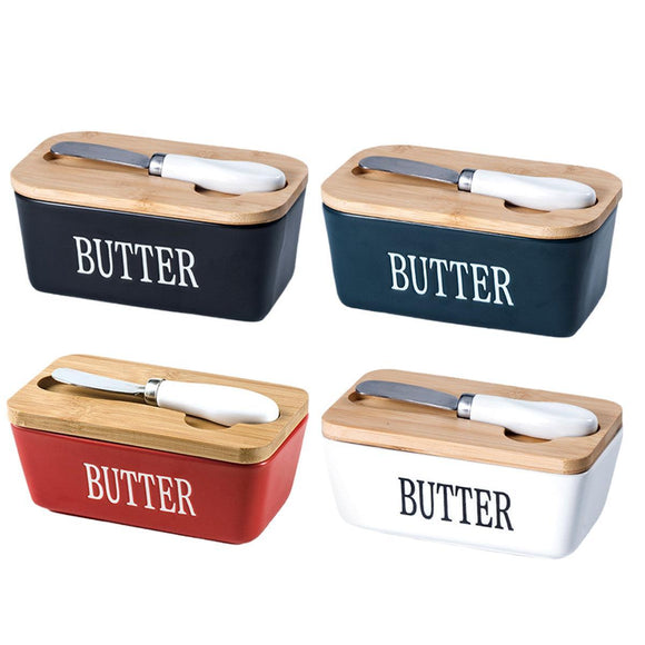 Butter Box with Knife Rectangular Cheese Container with Wooden Lid for Kitchen - Blue