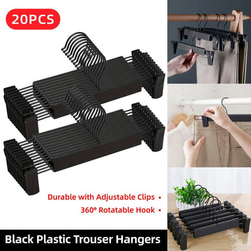 20pcs Black Plastic Pants Hanger Trousers Clips Durable Non Slip Clothes Hanger