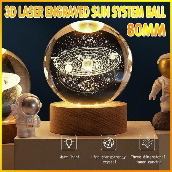 3D Crystal Solar System Ball with LED Light and Wooden Base 80mm Gift Decor