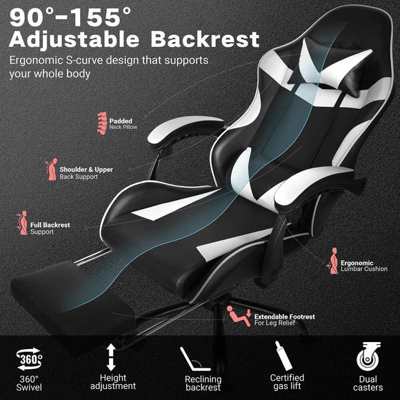 Black and White Gaming Chair with Footrest and Lumbar Support