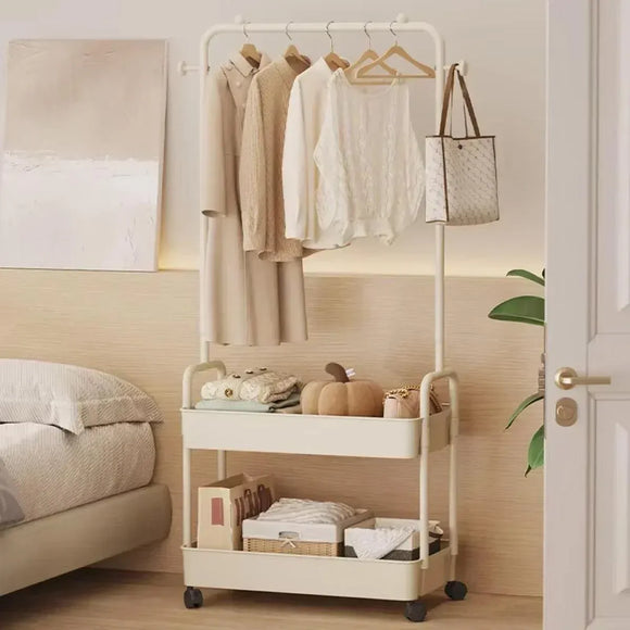 1-Piece Mobile Clothes Rack with Rail and Storage Baskets, White
