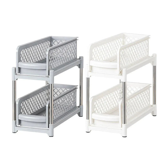 Bathroom Kitchen Sink Storage Rack Drawer Plastic Shelf Seasoning Holder - White