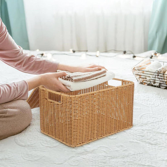 Storage Box Bedroom Organizer Faux Rattan Woven Basket with Lid Home
