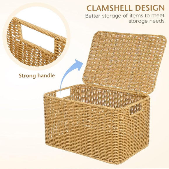 Storage Box Bedroom Organizer Faux Rattan Woven Basket with Lid Home