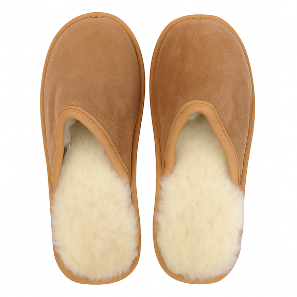 Sheepskin Wool Mens Slippers Scuffs Slip On Winter Ugg Slippers in Chestnut - 8