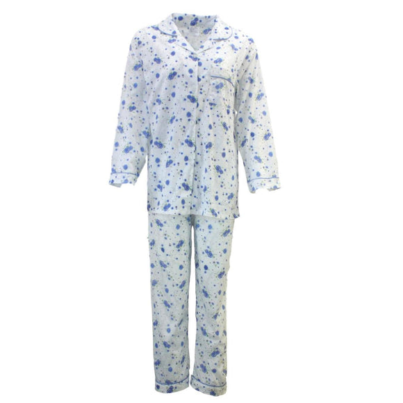Womens PYJAMAS PJs Set Pajamas Ladies Cotton PJ Womens Long Sleeve Sleepwear - Blue - 12