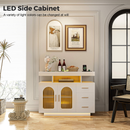 Buffet Sideboard Cabinet With RGB LED Light and Charging Station Console Coffee Bar White-4