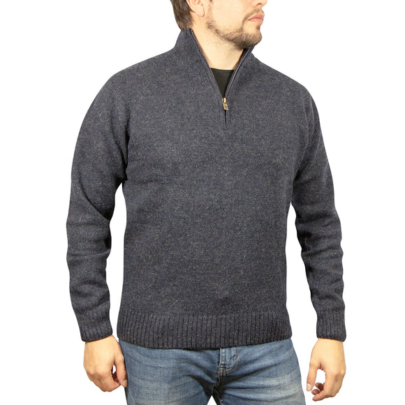 100% SHETLAND RAGG WOOL Half Zip Up Knit JUMPER Pullover Mens Sweater Knitted - Denim Blue (45) - 3XL - L