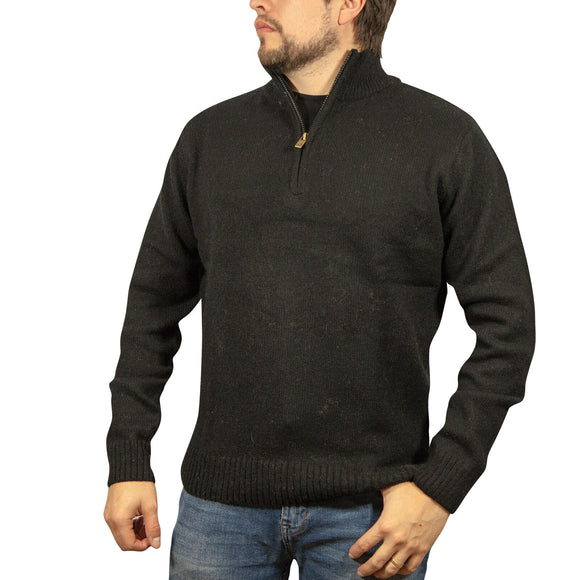 100% SHETLAND RAGG WOOL Half Zip Up Knit JUMPER Pullover Mens Sweater Knitted - Plain Black - L