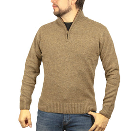100% SHETLAND RAGG WOOL Half Zip Up Knit JUMPER Pullover Mens Sweater Knitted - Nutmeg - M - 0