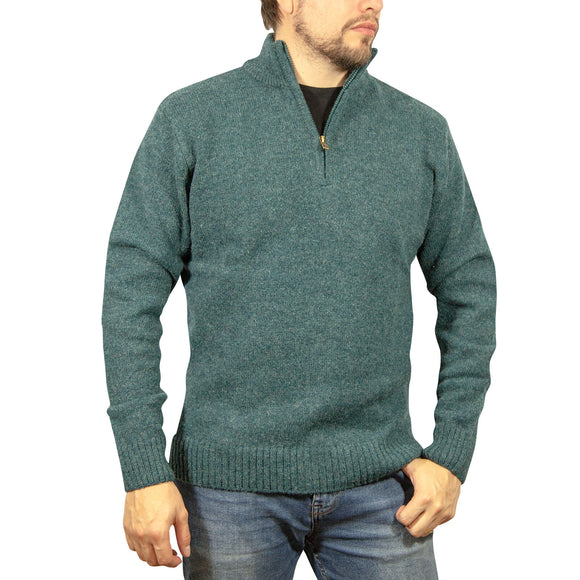 100% SHETLAND RAGG WOOL Half Zip Up Knit JUMPER Pullover Mens Sweater Knitted - Sherwood - XL