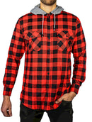 Mens Cotton Flannelette Shirt w Jersey Hood Long Sleeve Flannel - Red/Black - S-2