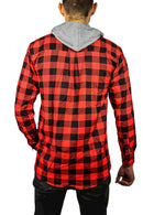 Mens Cotton Flannelette Shirt w Jersey Hood Long Sleeve Flannel - Red/Black - S-7