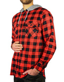 Mens Cotton Flannelette Shirt w Jersey Hood Long Sleeve Flannel - Red/Black - S-10