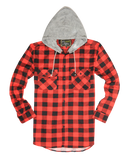 Mens Cotton Flannelette Shirt w Jersey Hood Long Sleeve Flannel - Red/Black - S-11