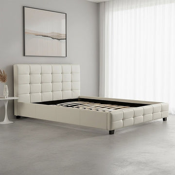 Queen PU Leather Deluxe Bed Frame White - 0