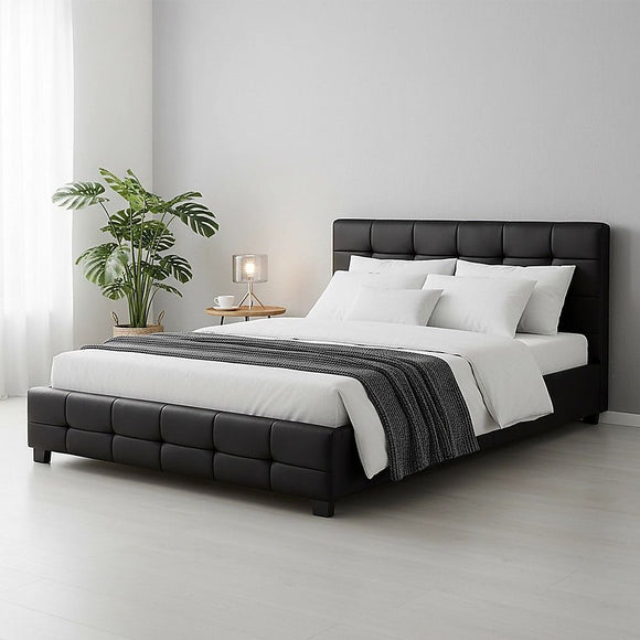 Queen PU Leather Deluxe Bed Frame Black