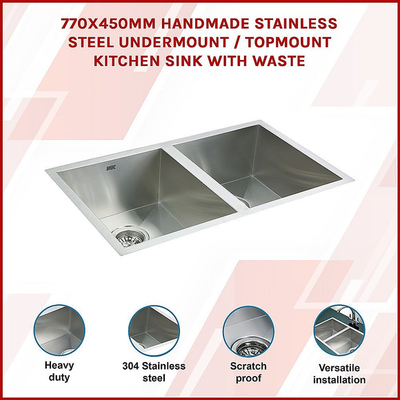 770x450mm Handmade Stainless Steel Undermount / Topmount  Kitchen Sink with Waste