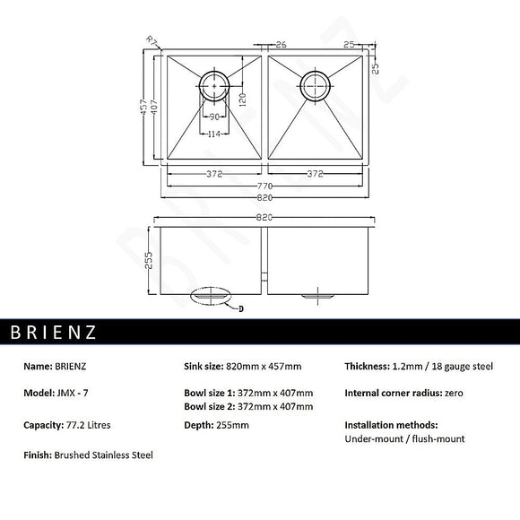 820x457mm Handmade Stainless Steel Undermount / Topmount Kitchen Laundry Sink with Waste