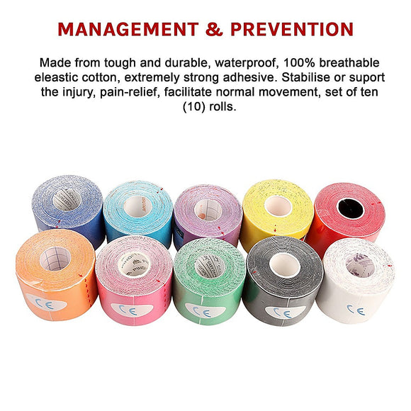 10 Rolls Muscle & Injury Kinesiology Sports Tape 5m x 5cm – Waterproof Support