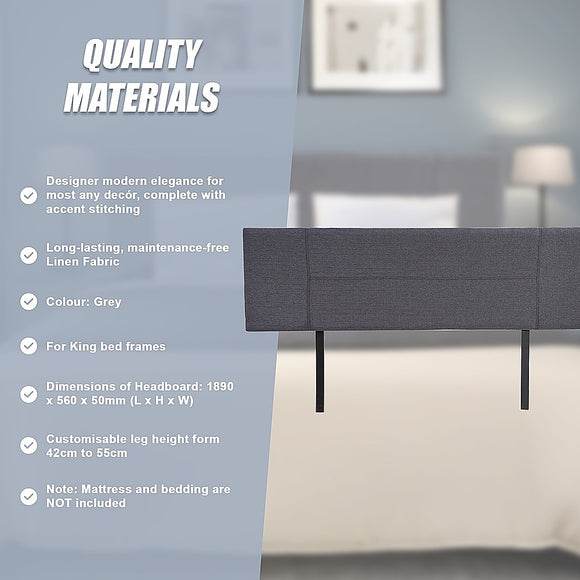 Linen Fabric King Bed Headboard Bedhead - Grey