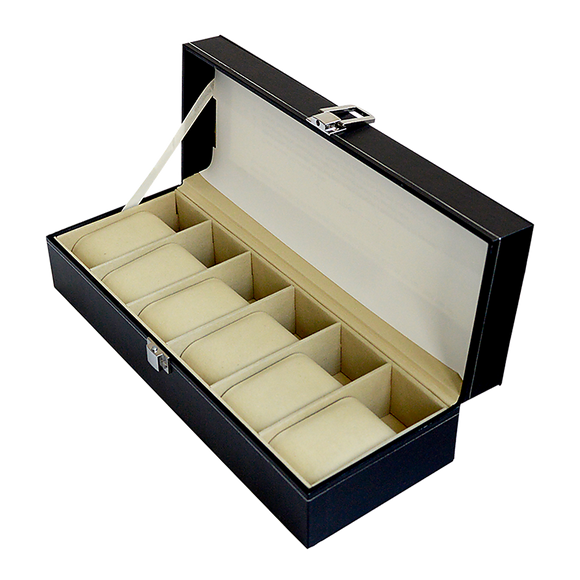 6 Slot Mens Watch Display Case Box Black PU Leather