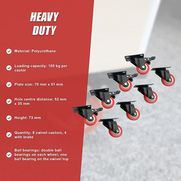 8 x 2" Polyurethane Castor Wheels - Swivel and 4 with brake