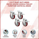 4 X 5" Heavy Duty 400kg Swivel Castor Wheels Trolley Furniture Caster All Brake-6